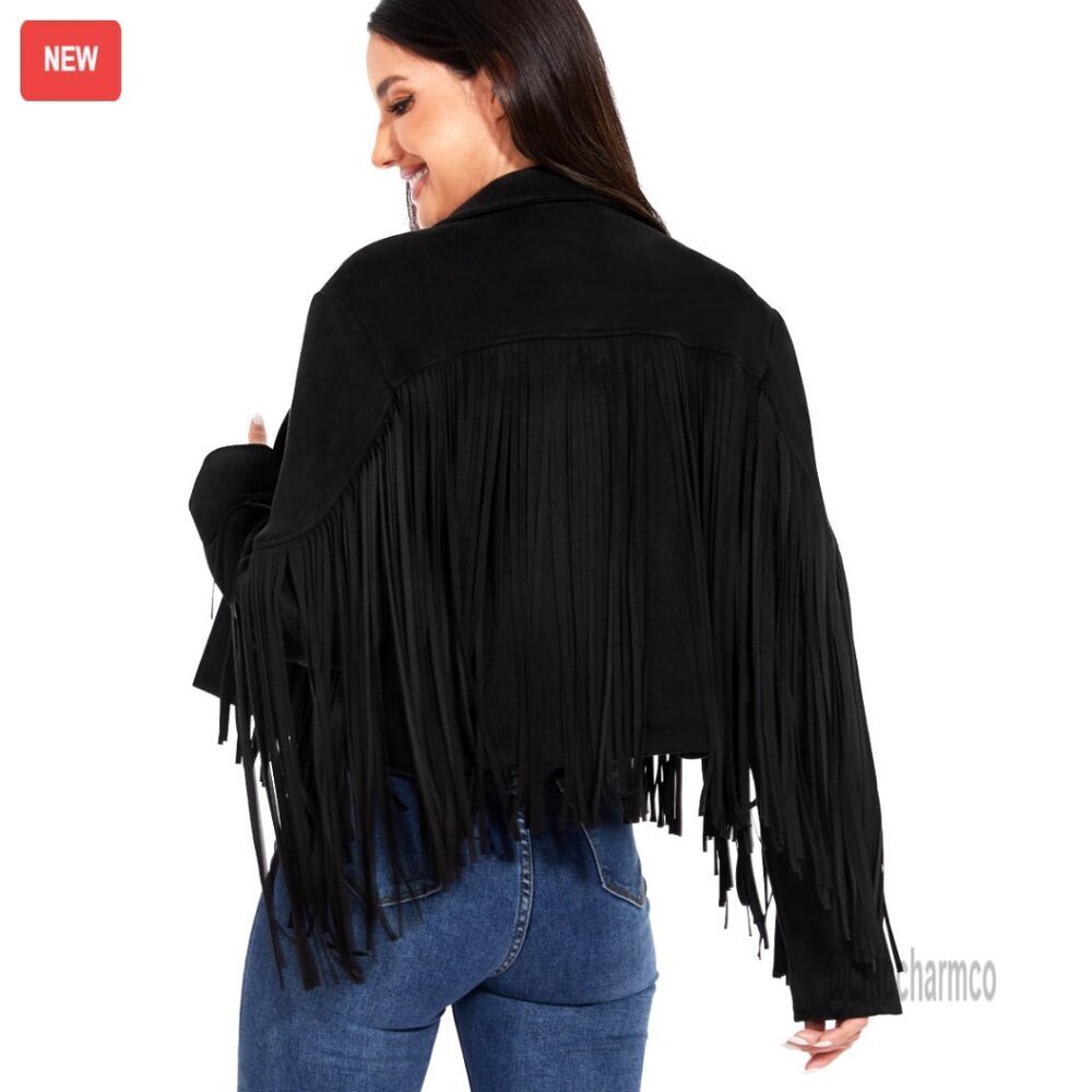 Fringe Leather Cropped Jacket Western Cowgirl Concert Wear S-XXL